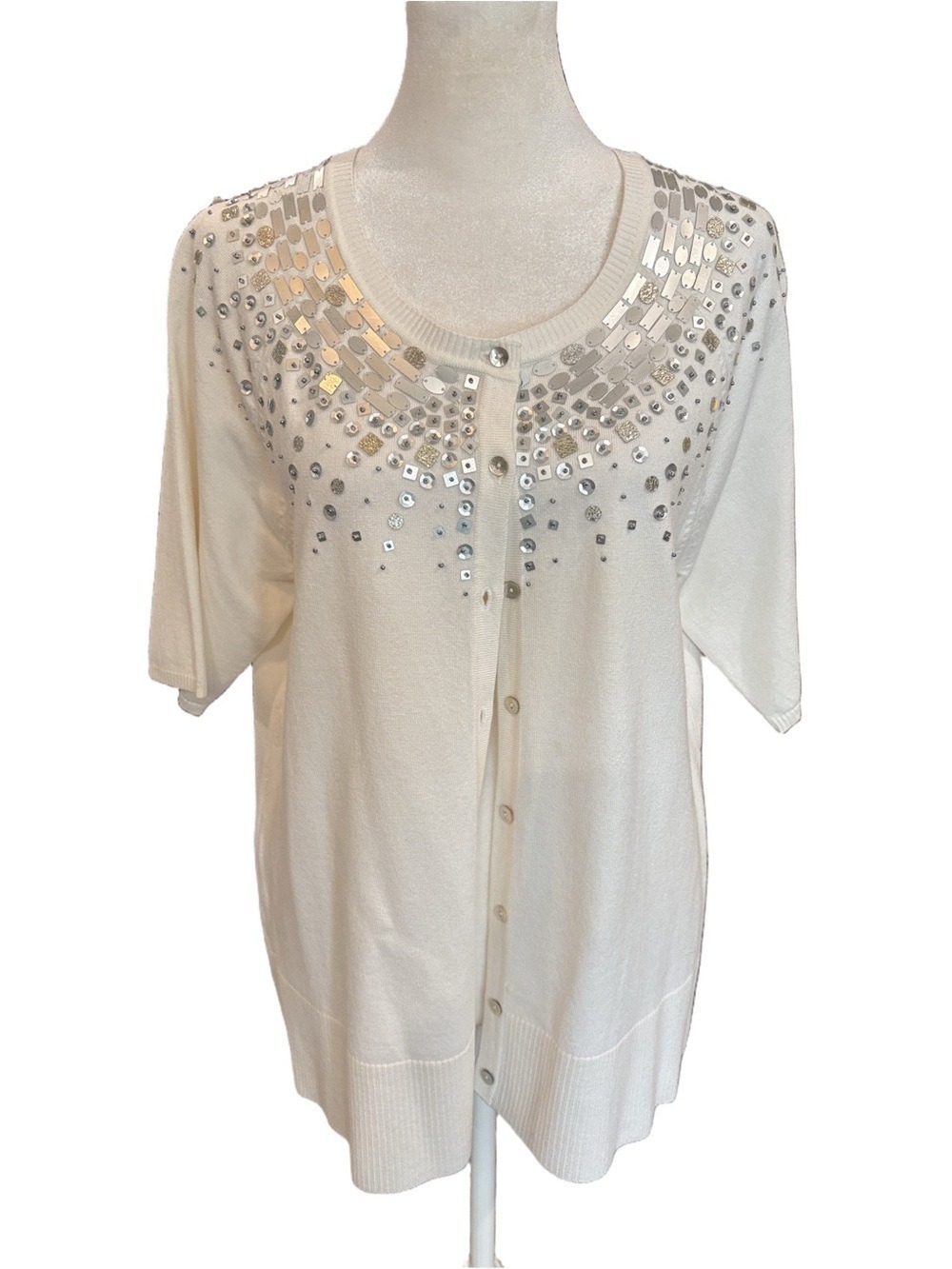 Chico's Size 2(L) ivory short sleeve cardigan. Embellished front and back yoke